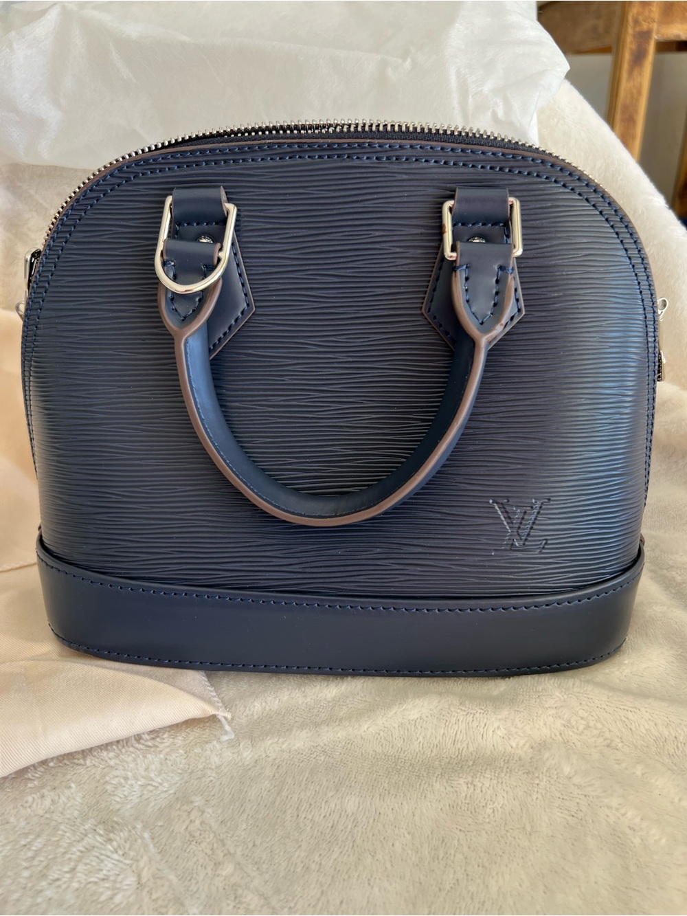 Louis Vuitton Navy Epi Alma BB Satchel with Silver Hardware